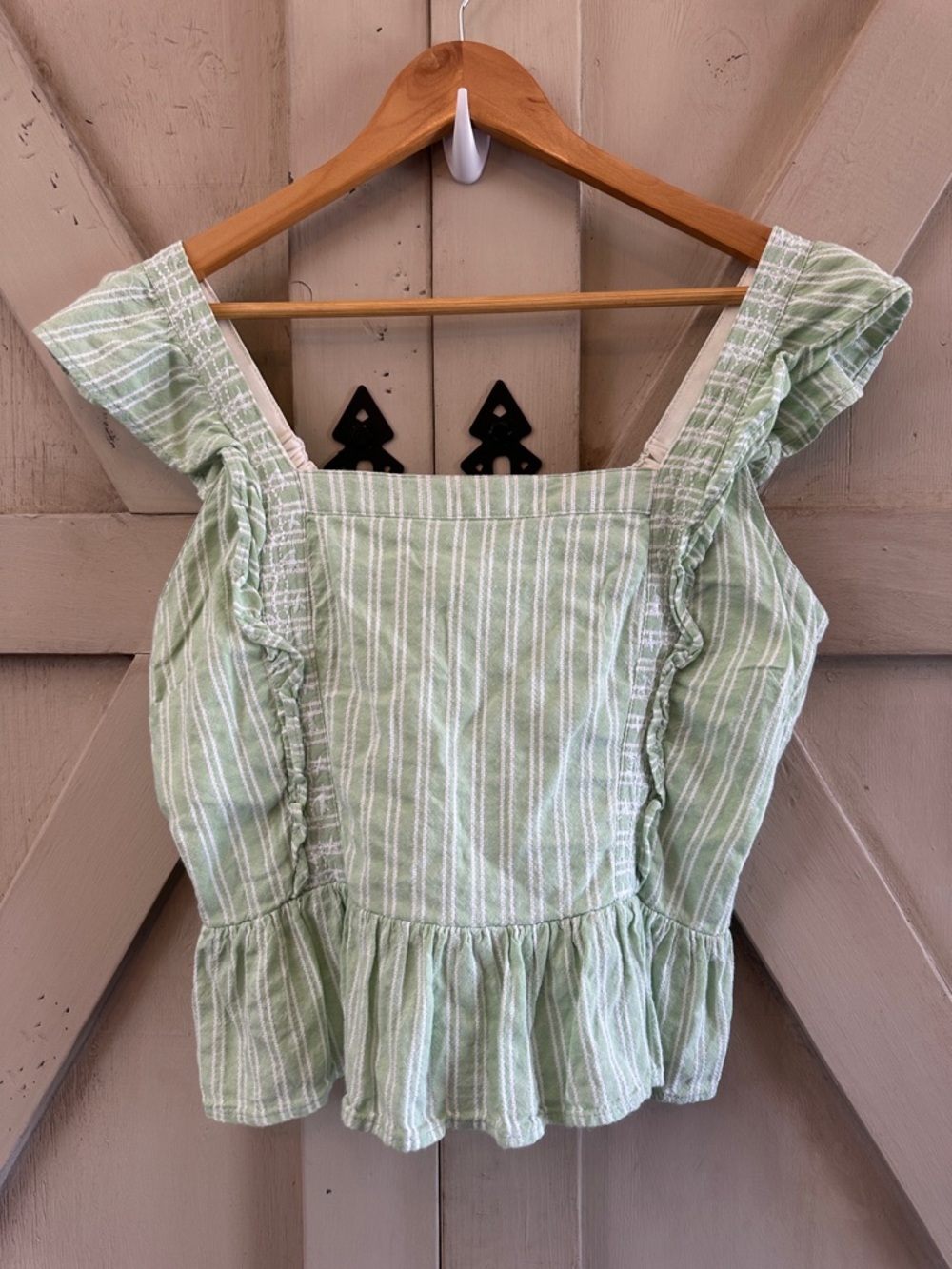 Japna Sage Green White Stripe Ruffle Peplum Crop Top Size Large